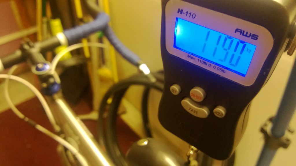 All newborn babes need to be weighed - 11.9kg (26.2lbs) with heavy tires/tubes and a leather Brooks saddle.